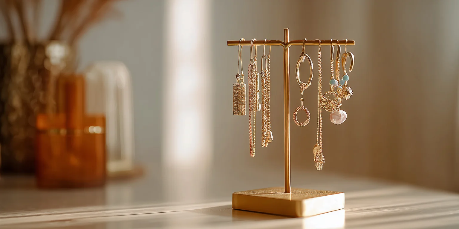 Luxury diamond earrings are draped over a long, rectangular gold earring holder, showcasing its use as a sleek wire earring stand.